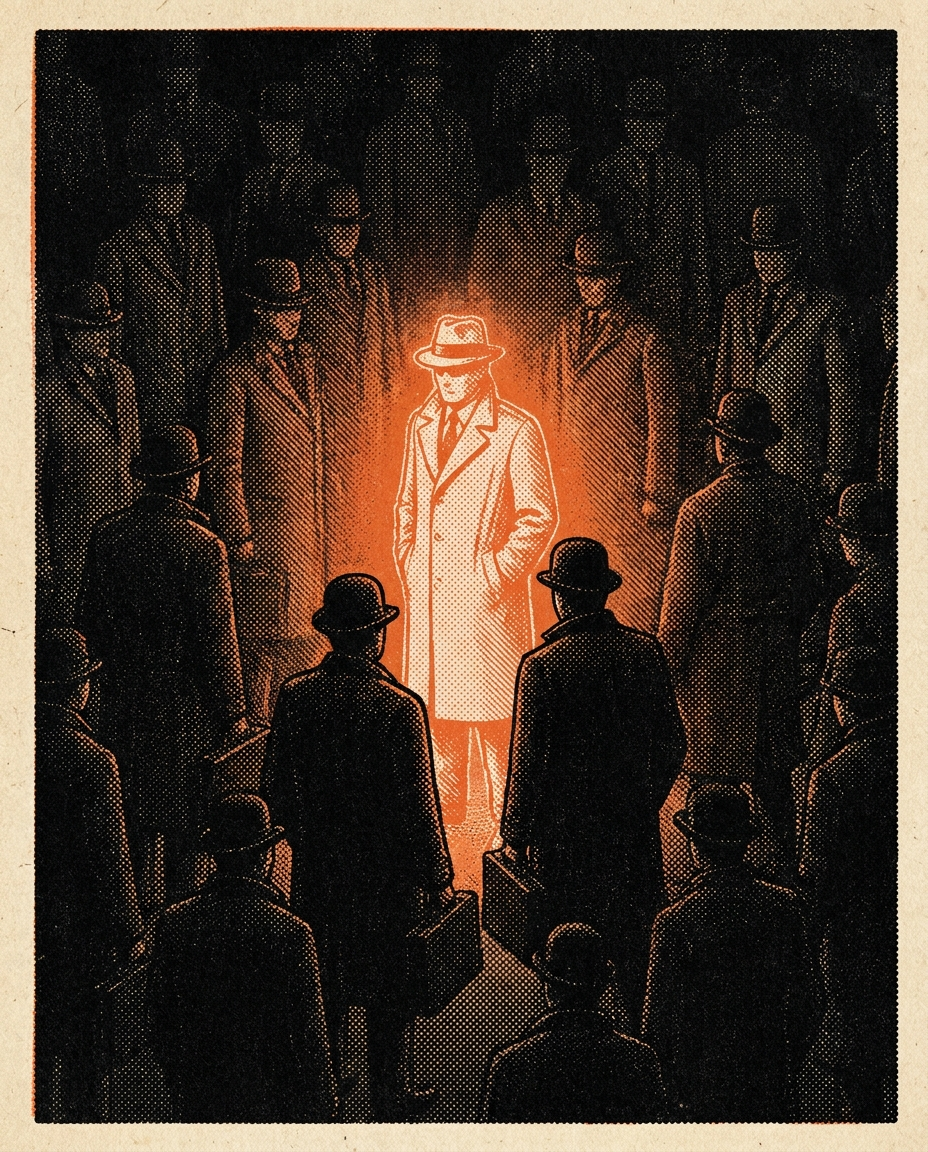 One figure glowing bright among a crowd of identical silhouettes